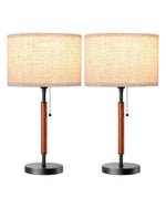 Mid-Century Solid Wood Table Lamps Set of 2 for Bedroom – Pull Chain, Black, Linen Shade, Nightstand, Living Room, Home Office