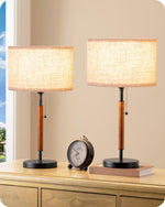 Mid-Century Solid Wood Table Lamps Set of 2 for Bedroom – Pull Chain, Black, Linen Shade, Nightstand, Living Room, Home Office