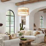 16" Paper Rope Pendant Light for Kitchen Island – Double-Tier Drum, Handcrafted, Dining Room, Boho, Coastal, Eco-Friendly