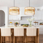 16" Paper Rope Pendant Light for Kitchen Island – Double-Tier Drum, Handcrafted, Dining Room, Boho, Coastal, Eco-Friendly