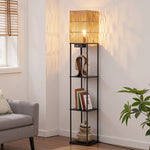 63.8" Rattan Floor Lamp with Shelves for Living Room – Boho Natural, Display Shelving, Reading, Bedroom, Coastal, Organic