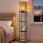 63.8" Rattan Floor Lamp with Shelves for Living Room – Boho Natural, Display Shelving, Reading, Bedroom, Coastal, Organic