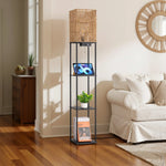 63.8" Rattan Floor Lamp with Shelves for Living Room – Boho Natural, Display Shelving, Reading, Bedroom, Coastal, Organic