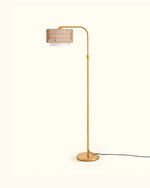 Rattan Arc Floor Lamp for Living Room – Handwoven Shade, Gold or Black, Boho, Bedroom, Coastal, Organic Modern, Nestweave Series