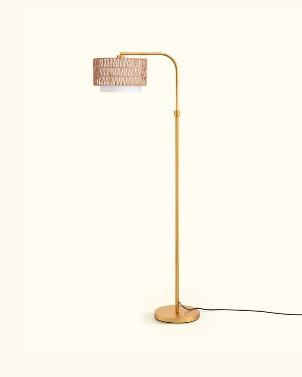 Rattan Arc Floor Lamp for Living Room – Handwoven Shade, Gold or Black, Boho, Bedroom, Coastal, Organic Modern, Nestweave Series