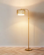 Rattan Arc Floor Lamp for Living Room – Handwoven Shade, Gold or Black, Boho, Bedroom, Coastal, Organic Modern, Nestweave Series