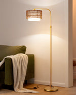 Rattan Arc Floor Lamp for Living Room – Handwoven Shade, Gold or Black, Boho, Bedroom, Coastal, Organic Modern, Nestweave Series