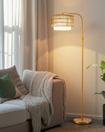 Rattan Arc Floor Lamp for Living Room – Handwoven Shade, Gold or Black, Boho, Bedroom, Coastal, Organic Modern, Nestweave Series