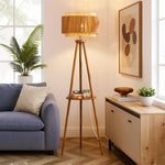 62.4" Rattan Tripod Floor Lamp for Living Room – Dual Woven Shades, Foot Switch, Boho, Natural, Bedroom, Coastal, Organic