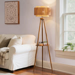 62.4" Rattan Tripod Floor Lamp for Living Room – Dual Woven Shades, Foot Switch, Boho, Natural, Bedroom, Coastal, Organic