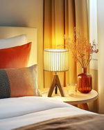 Wood Tripod Table Lamp with Slatted Panel Shade for Bedroom – Patterned Light, Nightstand, Boho, Organic Modern, E26 Base