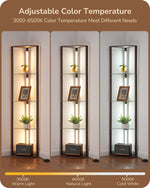 64" LED Corner Shelf Floor Lamp for Living Room – Glass Shelves, Dimmable, Display, Reading, Bedroom, 3 Wood Finishes
