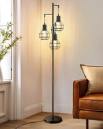 65" Farmhouse Industrial Tree Floor Lamp for Living Room – Diamond Cage Shades, Dimmable LED, Bedroom, Black or Gold, 3-Light