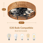 19.7" Boho Rattan Caged Ceiling Fan with Light for Bedroom – Handwoven, Remote Control, LED, Reversible, Coastal, Living Room