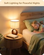 Small Boho Wood Bedside Table Lamp for Nightstand – Dark Pearwood, Beige Linen Shade, Compact, Scandinavian, Bedroom, E26