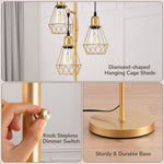 70" Farmhouse Industrial Tree Floor Lamp for Living Room – Diamond Shade, 3 Edison Bulbs, Gold, Home Office, Statement
