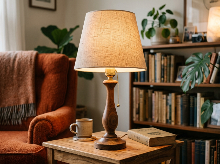 Mid-Century Solid Wood Table Lamp with Pull-Chain lifestyle
