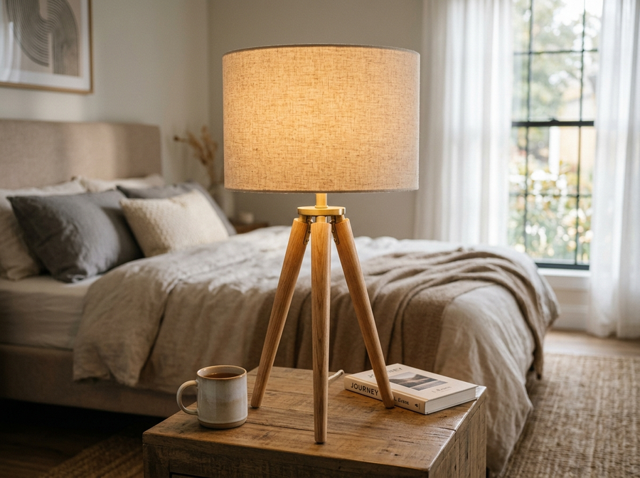 Modern Wooden Tripod Table Lamp with Linen Shade lifestyle