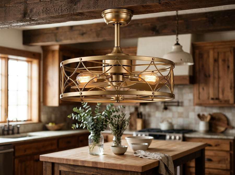 20 inch Caged Brushed Gold Ceiling Fan Fandelier lifestyle