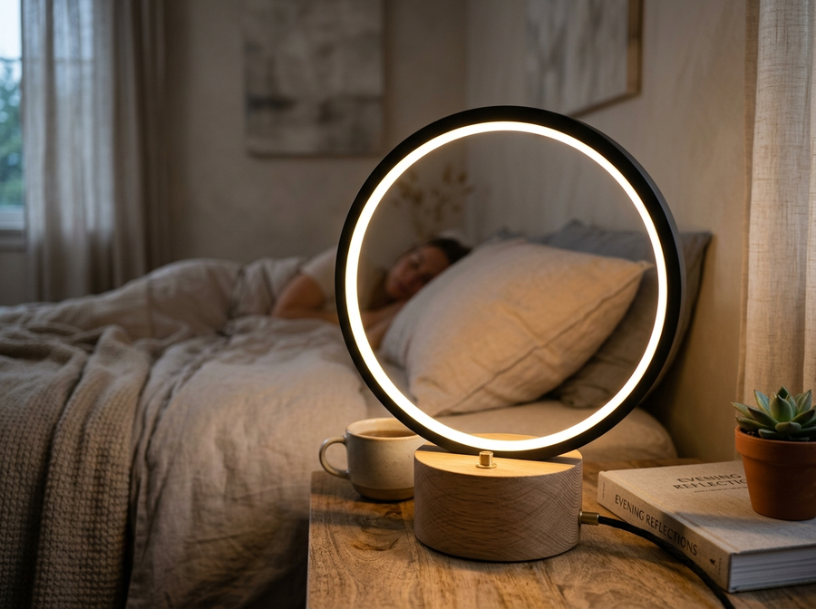 Modern O-Shaped LED Table Lamp with Solid Wood Base lifestyle