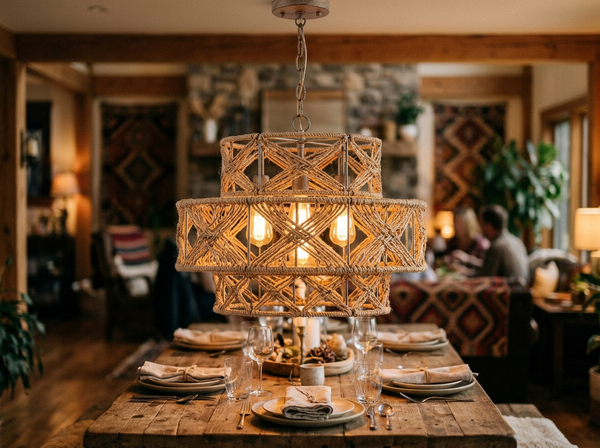 4-Light Boho 2-Tier Cross-Woven Rope Chandelier lifestyle
