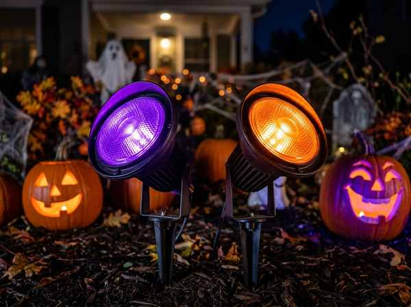 Halloween PAR38 Purple and Orange LED Flood Light Bulbs lifestyle