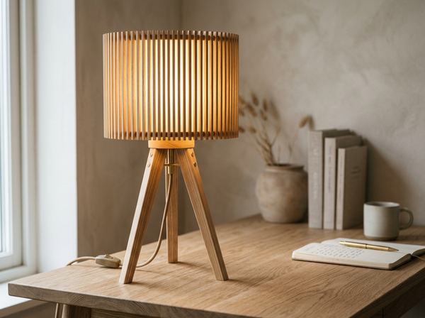 Minimalist Wood Tripod Table Lamp with Slatted Shade lifestyle