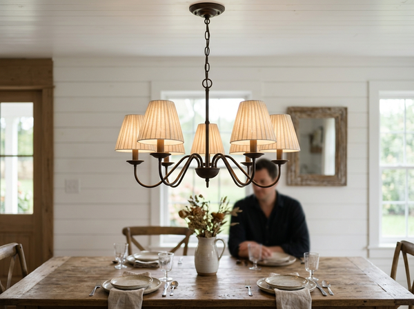 5-Light Chandelier with Folded Fabric Shades 47 inch lifestyle