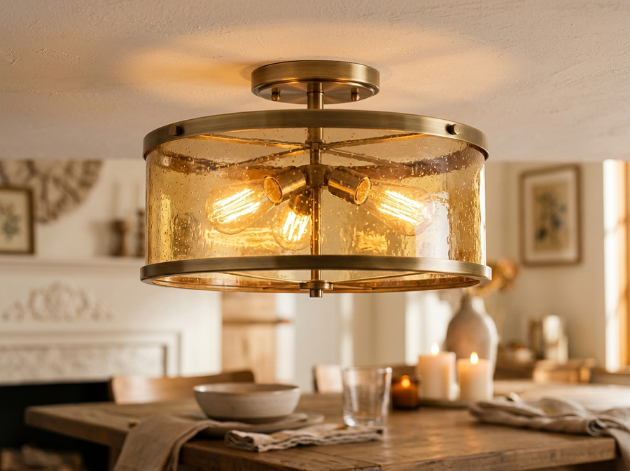 3-Light Amber Glass Drum Flush Mount 12.6 inch lifestyle