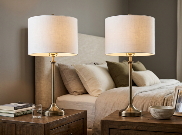 Classic Metal Table Lamp Set of 2 with White Linen Shades lifestyle