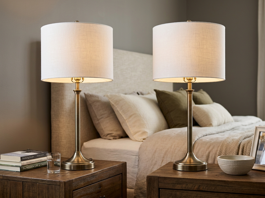Classic Metal Table Lamp Set of 2 with White Linen Shades lifestyle