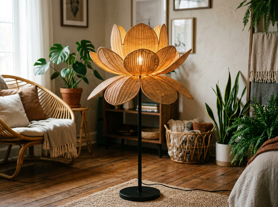 Traditional Novelty Floor Lamp with Petal-Shaped Rattan Shade 63 inch lifestyle