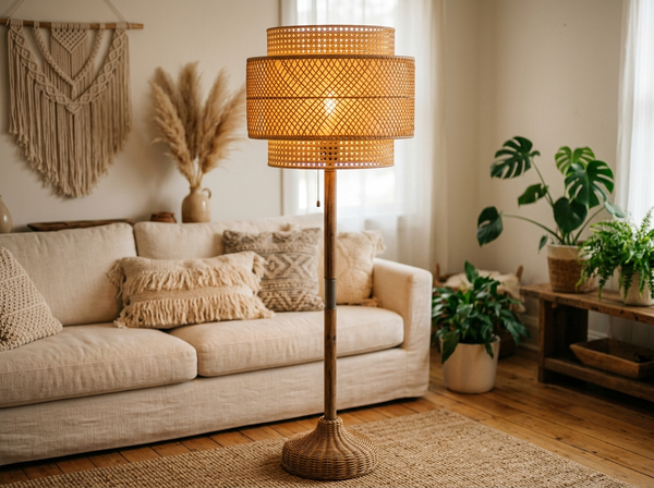 Traditional Floor Lamp with Rattan Dual-Layer Woven Shade 63.4 inch lifestyle