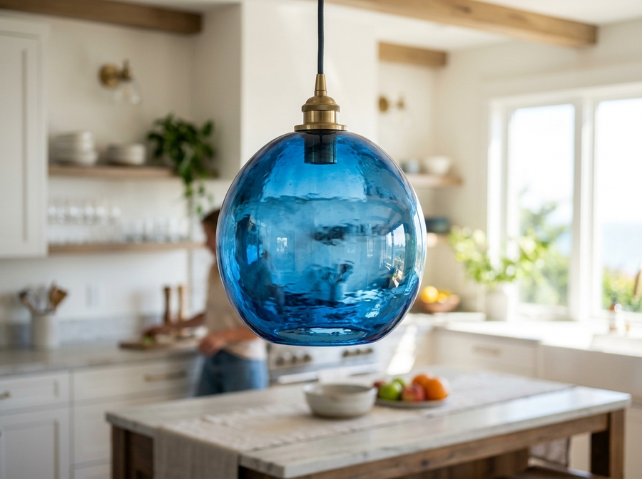 Blue Glass Pendant Light 8 inch lifestyle