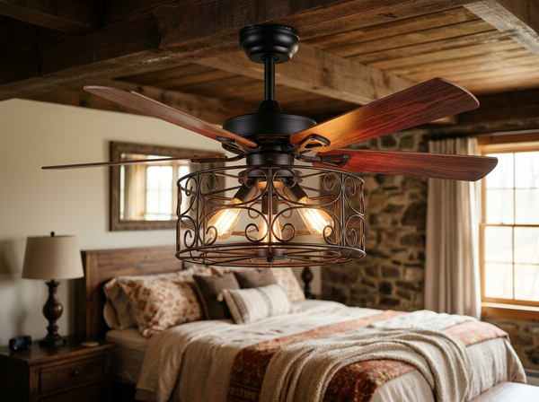 52 inch Farmhouse Caged Fandelier Ceiling Fan Red Gradient Black Oak lifestyle