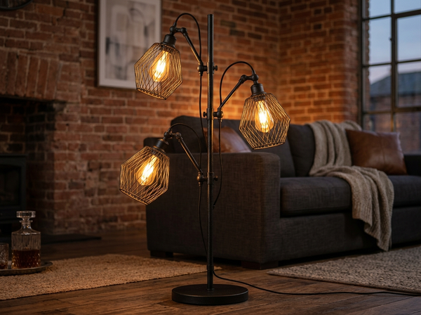 70 inch Farmhouse Industrial Tree Floor Lamp with 3 Diamond Cage Shades Black lifestyle