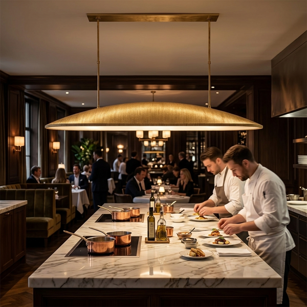 Luminators Custom Brass Copper Linear Chandelier lifestyle